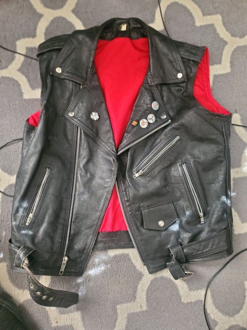 Black Leather Biker Vest with Red Lining